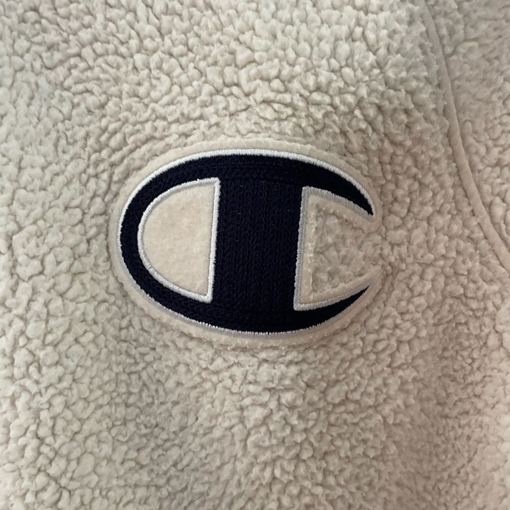 Champion Vintage Sherpa Varsity Jacket with Navy Trim and Logo - Picture 2 of 4